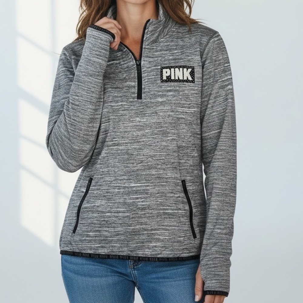 Victoria's Secret PINK Gray Heathered Quarter Zip Pullover Sweatshirt Small‎